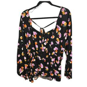 282 Plus Size Black Floral Long Sleeve Peplum Top